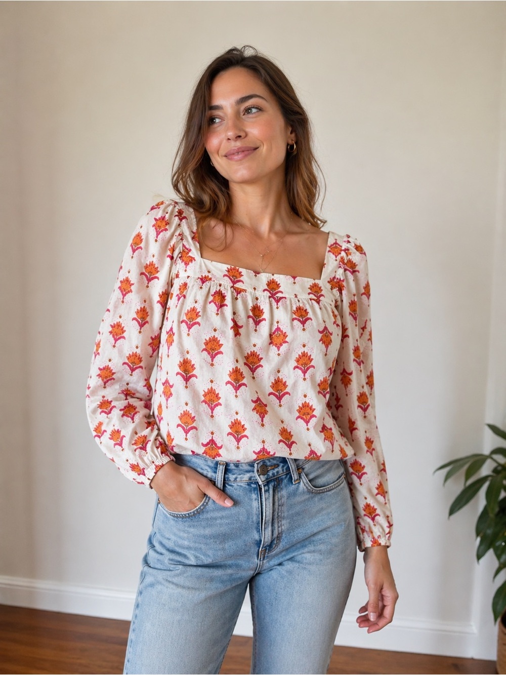 J.Crew Block Print Floral Puff Sleeve Blouse – Orange/Pink/White – Size S